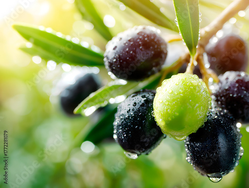 Fresh Green and Black Olives with Dew Drops on Branch, Symbol of Mediterranean Purity