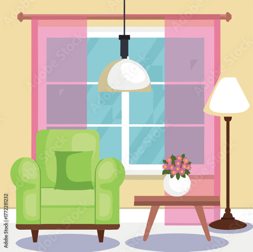 living room with chair and lamp in front of window