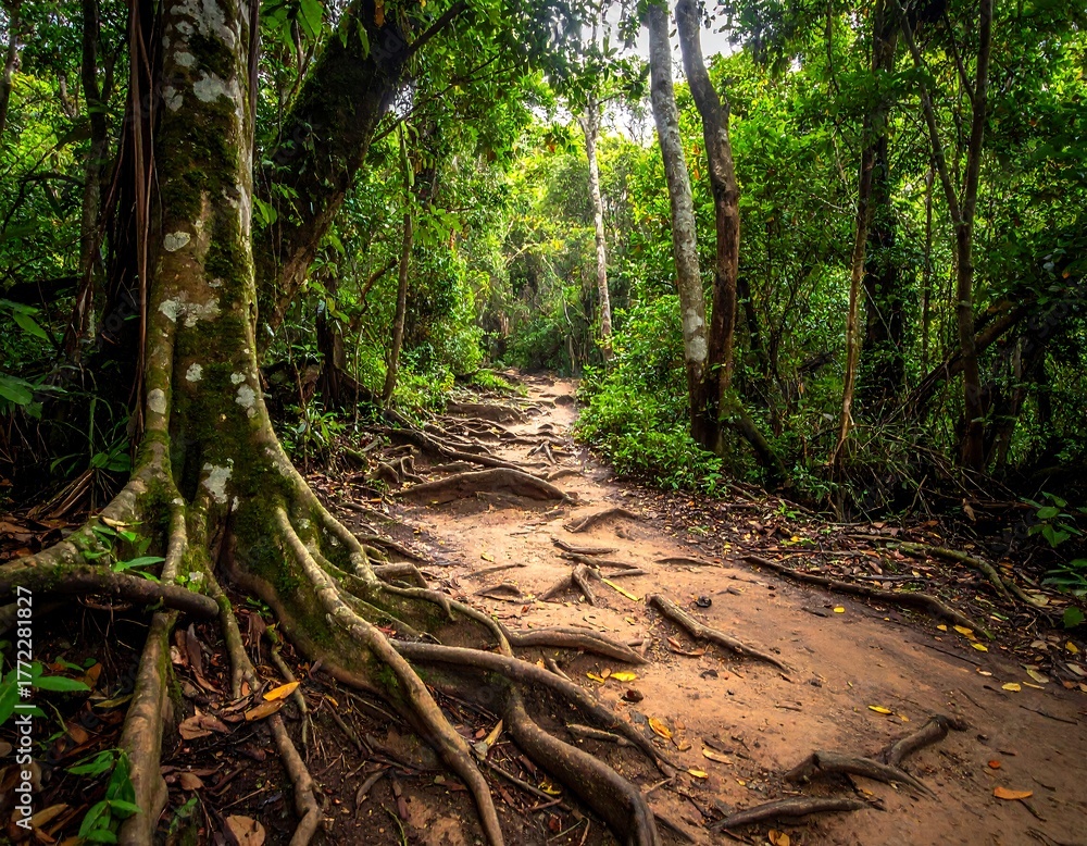 Fototapeta premium Path through lush green jungle, surrounded by dense trees and foliage