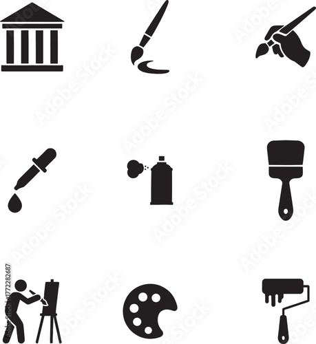 Art and Creativity Icon Set: Painting Tools, Museum, and Artist Supplies