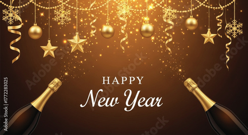 A festive illustration showcasing a New Year's celebration with champagne bottles, golden decorations, stars, and ribbons against a rich brown backdrop. Perfect for holiday greetings.