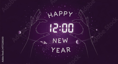 A illustration showcases a cosmic New Year celebration with hands framing a digital clock displaying 12:00, set against a vibrant purple backdrop filled with stars. 