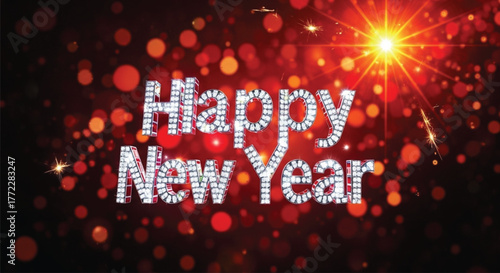 A festive illustration featuring a sparkling Happy New Year message set against a backdrop of bokeh lights and fireworks, perfect for celebrating the holiday season. 