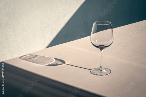 Elegant Wine Glass Casting Shadow on Minimalist Surface Background