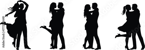 Romantic couple silhouette dancing, love embrace pose, passion dance illustration, black silhouette romance art, affectionate couple artwork, elegant dance movement