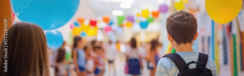 Students with Backpacks Walking Down a Colorful Hallway Decorated with Balloons