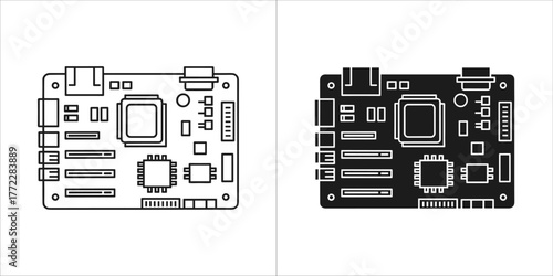 Black and white vector illustration of a motherboard