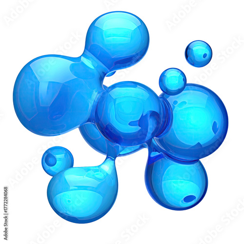 Cyan bubbles coalesce, glossy, against a black backdrop