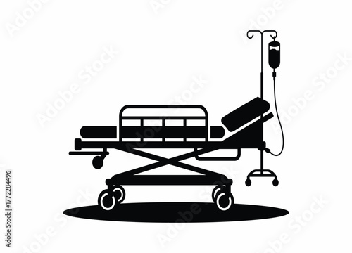 Hospital bed gurney with IV drip silhouette representing medical care emergency and patient transport needs