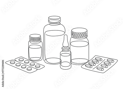 Medical Outline Illustration of Medicine Bottles Pill Packs and Ampoule for Healthcare Industry Projects