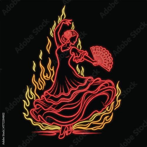 Fiery flamenco dancer illustration in neon style.