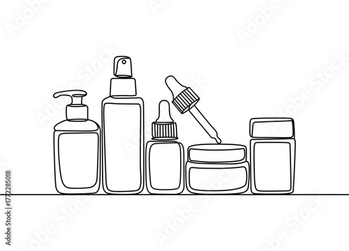 Minimalist Line Art of Cosmetic Products for Skincare and Beauty Routine Illustrating Essential Daily Care Items and SelfCare Aesthetics