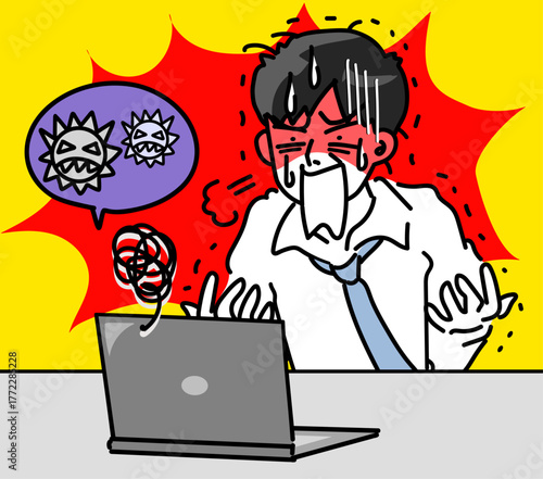 社内パソコンがハッキングされて動揺する若い男性社員のベクターイラスト
