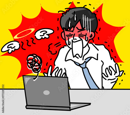パソコントラブルと若い男性会社員のシンプルイラスト