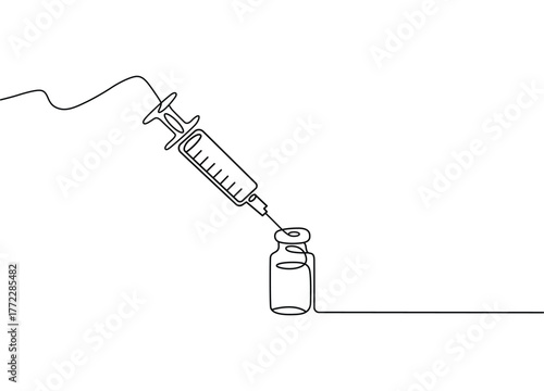 Single line drawing illustration of a syringe injecting vaccine from a vial for medical and healthcare needs