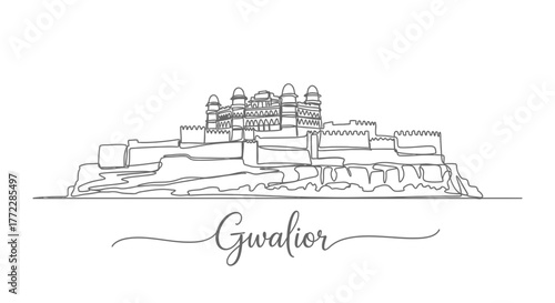 Gwalior Fort Line Art Silhouette on Black Background