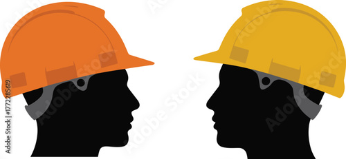Two construction workers silhouettes wearing safety helmets facing each other, teamwork, engineering communication, workplace safety, industrial cooperation, protective gear,