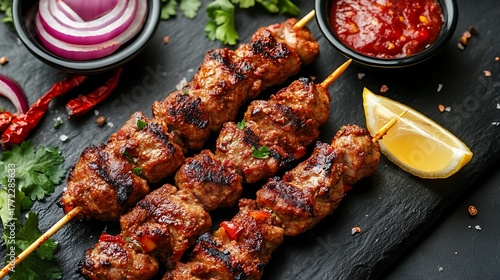 Seek kebab skewers with onion lemon wedge and chutney