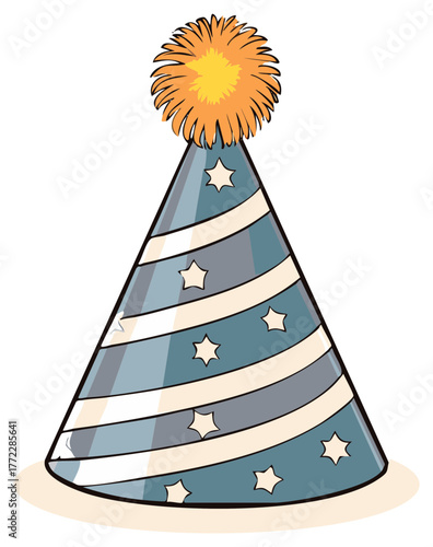 Striped blue party hat with star decorations and an orange pom pom illustration for birthdays and celebrations