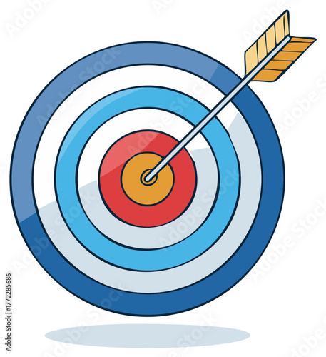 Cartoon archery target bullseye with arrow precisely hitting the center.