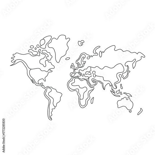 World Map Outline on White Background Geographical Representation of Continents and Countries for Educational or Travel Related Designs