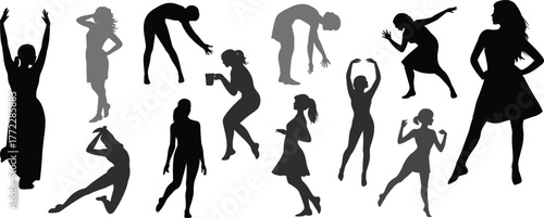 Female silhouette collection, dancing poses, expressive movement, body language, artistic gesture, black shadow figures, isolated women, white background, dynamic stance, elegant posture