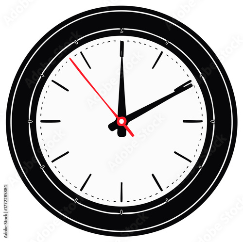 Modern graphic clock showing precise time with black and white design and prominent red second hand
