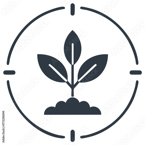 Smart farming and agricultural technology icon with a young plant in a target scope