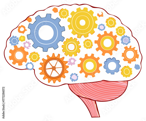 Brain Illustration Filled with Cogs and Gears Representing Thinking and Processing Mental Functioning