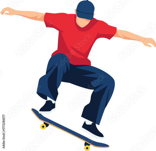 Skateboarder performing a trick, arms outstretched, wearing a red shirt and blue pants.