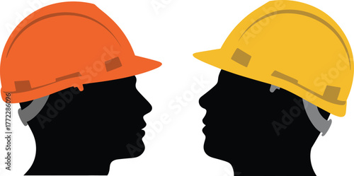 Construction safety, teamwork, communication, silhouette, workers, helmets, industrial, engineering, collaboration, orange, yellow, headgear, protection, jobsite, labor, crew, supervisor,