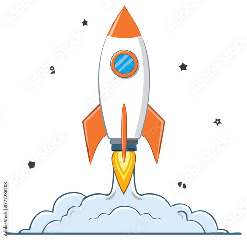 Cartoon Rocket Taking Off With Flames and Smoke Trail Into Space With Stars Illustration