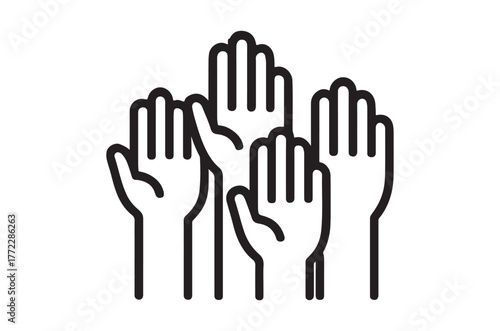 A group of hands raised upwards symbolizing unity and collaboration