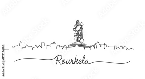Rourkela Skyline with Hanuman Statue Minimalist Line Art