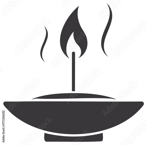 Minimalist vector icon of a burning candle or oil lamp with smoke