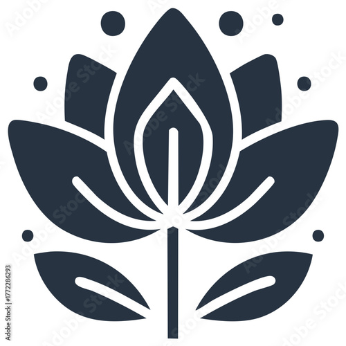 Stylized dark blue lotus flower with leaves and dots, representing peace and spirituality