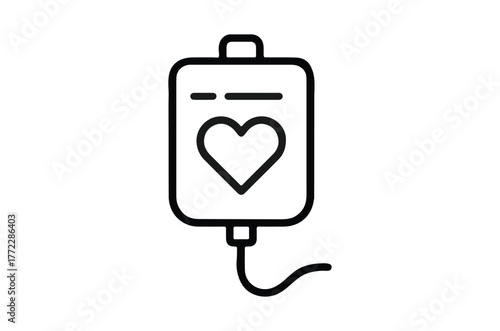 Simple black and white illustration of an iv drip bag with a heart