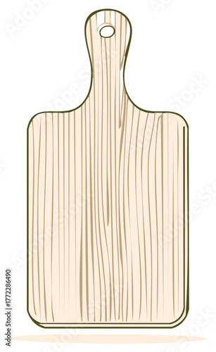 A classic wooden cutting board, light wood grain and handle with hanging hole, suitable for food preparation and serving.