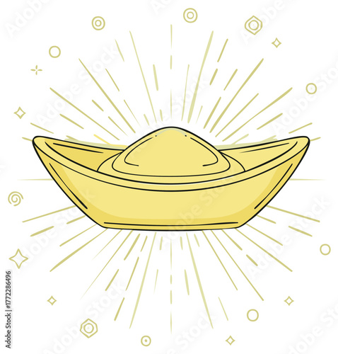 Traditional Chinese gold ingot yuanbao shining with radiant golden light symbolizing wealth and prosperity
