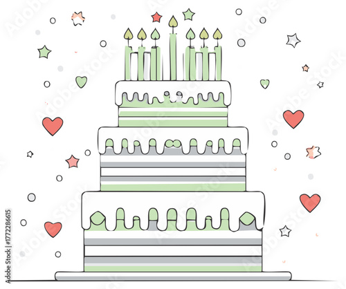 Layered celebration cake with candles, hearts, and star sprinkles. Cartoon styled baked dessert.