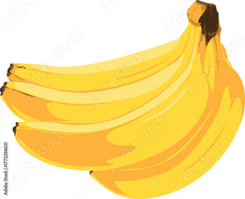 A bunch of ripe yellow bananas are clustered together, showcasing their smooth skin and curved shape, isolated on a white background.