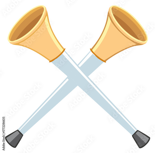 Two crossed golden fanfare trumpets vector illustration for celebration and announcement