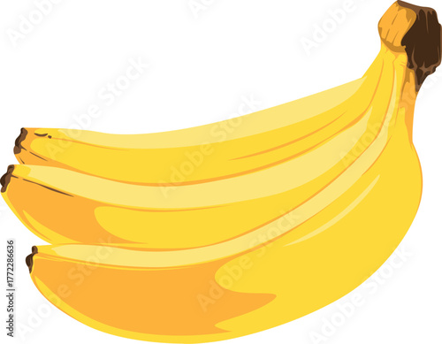 A bunch of ripe yellow bananas, still attached at the stem, presented against a white background.