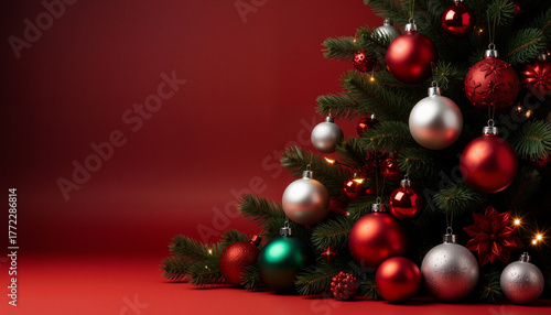 Festive Christmas tree decorated with ornaments and glowing lights in bokeh style on a bright red background. illustration of christmas tree on red background Created with Generative AI