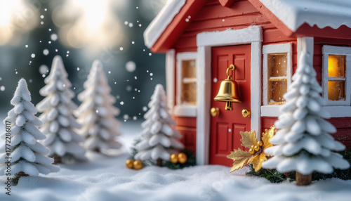 A composition from a Christmas tree around a red house. The golden bell on the door. White fluffy snow. The concept of Christmas