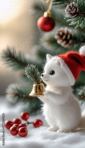 The Christmas concept. A composition with a Christmas tree and a white fox wearing a red hat and a golden bell. New Year's lights snow.