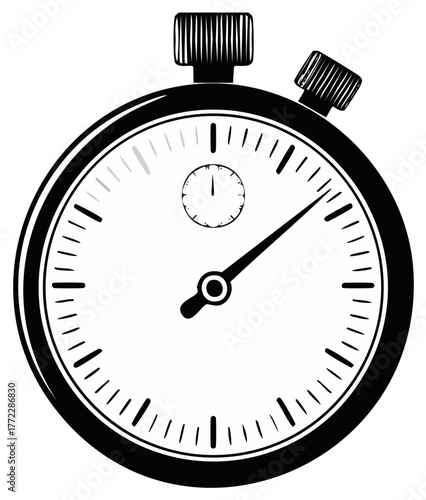 Black and white stopwatch illustration, time measurement concept, clock details.