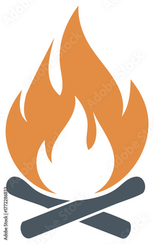 Graphic Campfire Symbol with Vibrant Orange Flames and Crossed Logs