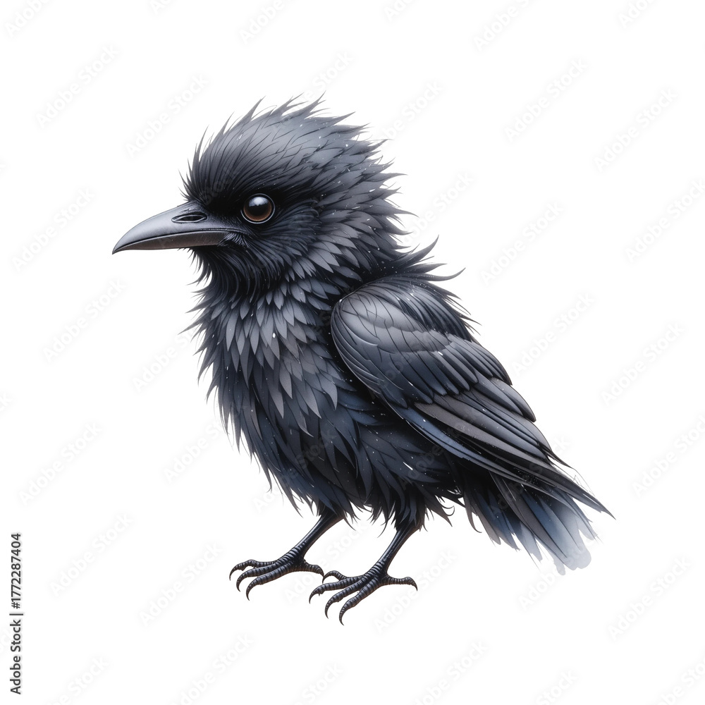 Fototapeta premium Watercolor print of a cute baby raven. Print for kids, nursery decor, cards.