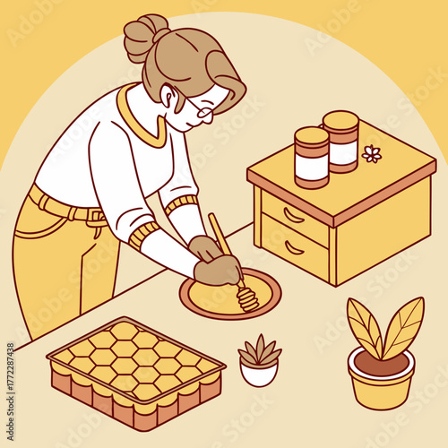 amateur beekeeper labeling honey jars on side tabl